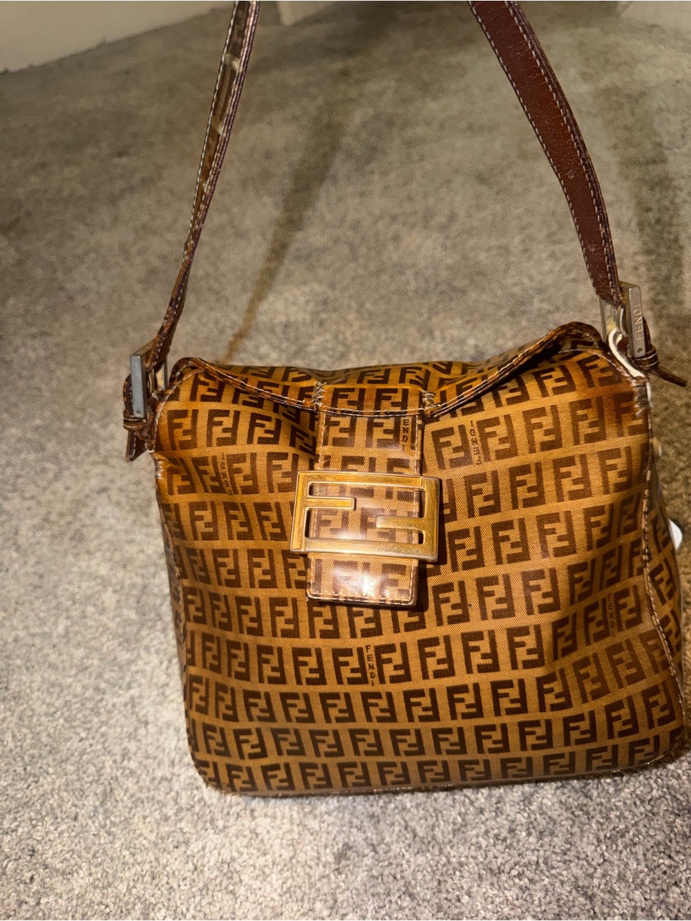 Fendi Brown Zucca FF Logo Shoulder Bag with Buckle Accent